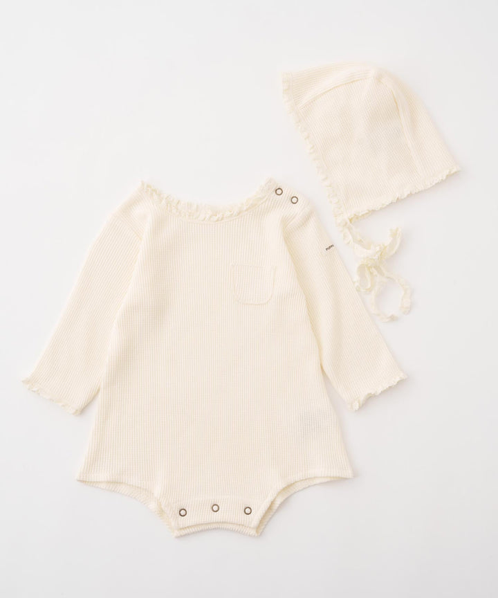 Long-Sleeve Waffle Romper with Bonnet