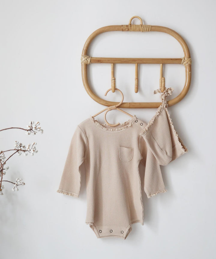 Long-Sleeve Waffle Romper with Bonnet