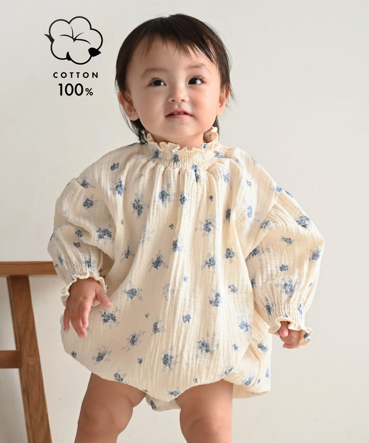 Shirred Puff-Sleeve Double Gauze Long-Sleeve Romper