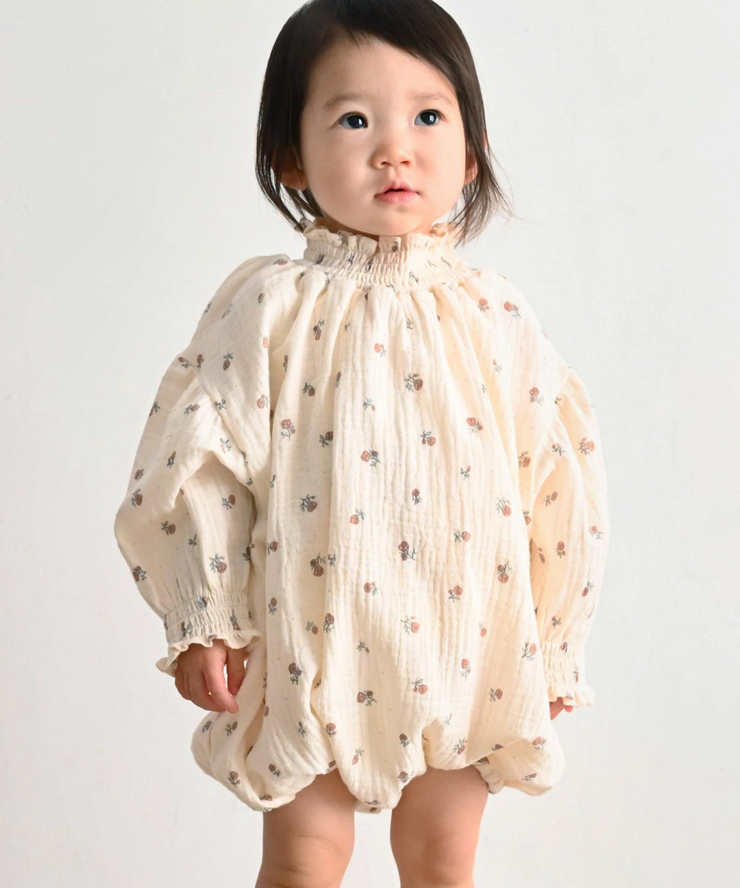 Shirred Puff-Sleeve Double Gauze Long-Sleeve Romper