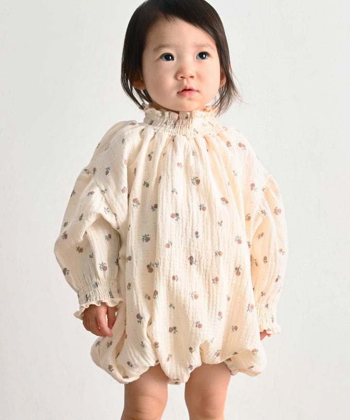 Shirred Puff-Sleeve Double Gauze Long-Sleeve Romper