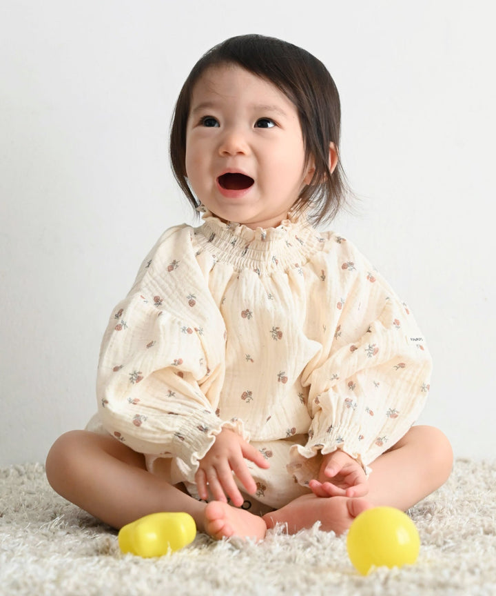 Shirred Puff-Sleeve Double Gauze Long-Sleeve Romper