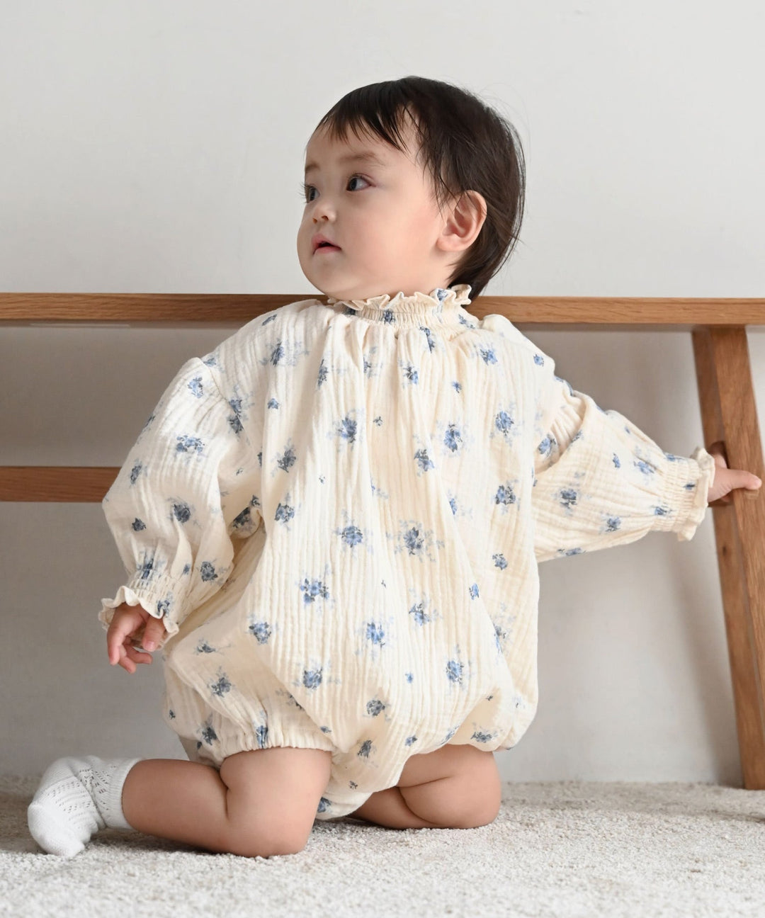 Shirred Puff-Sleeve Double Gauze Long-Sleeve Romper