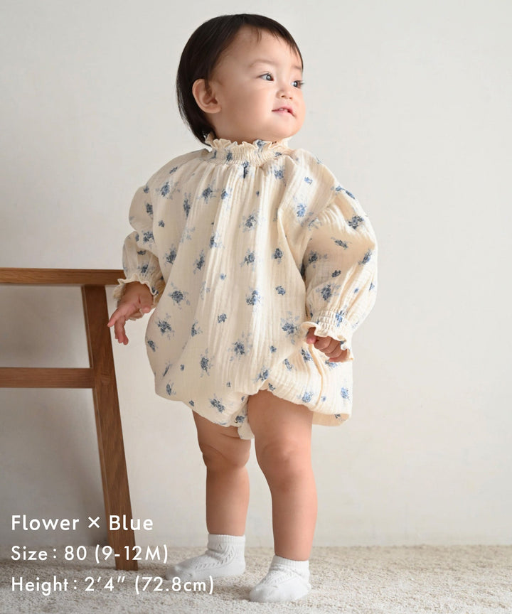 Shirred Puff-Sleeve Double Gauze Long-Sleeve Romper