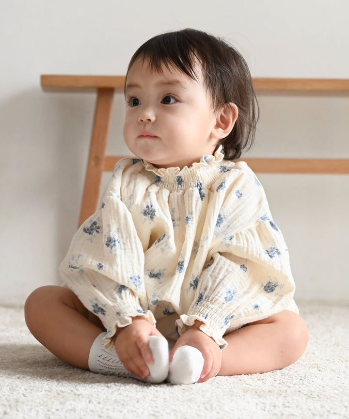 Shirred Puff-Sleeve Double Gauze Long-Sleeve Romper