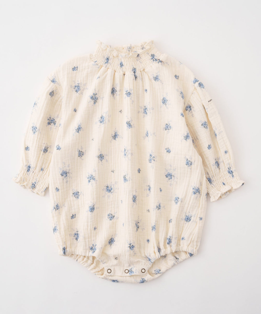 Shirred Puff-Sleeve Double Gauze Long-Sleeve Romper