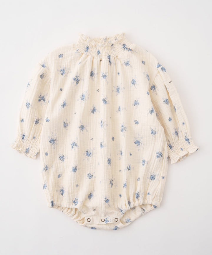 Shirred Puff-Sleeve Double Gauze Long-Sleeve Romper