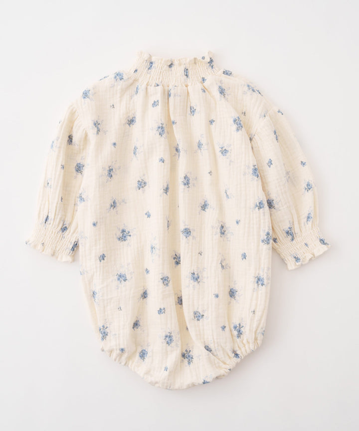 Shirred Puff-Sleeve Double Gauze Long-Sleeve Romper