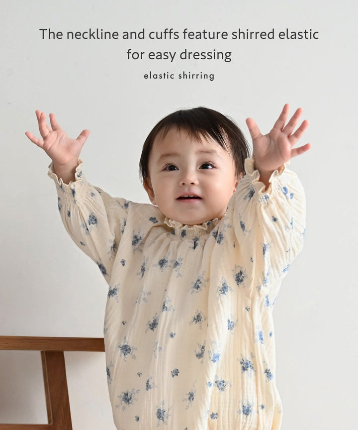 Shirred Puff-Sleeve Double Gauze Long-Sleeve Romper