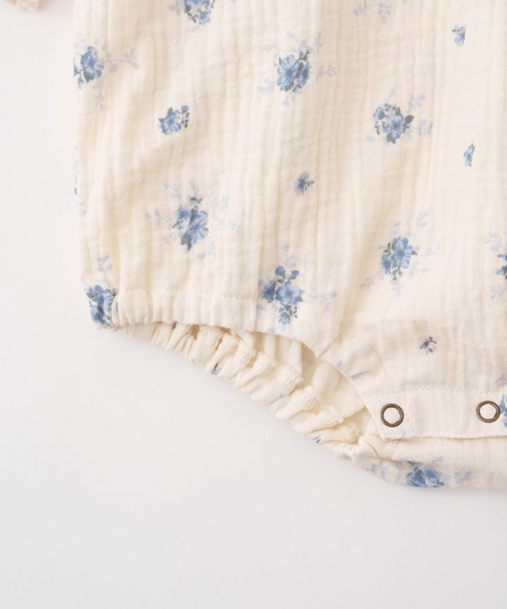 Shirred Puff-Sleeve Double Gauze Long-Sleeve Romper