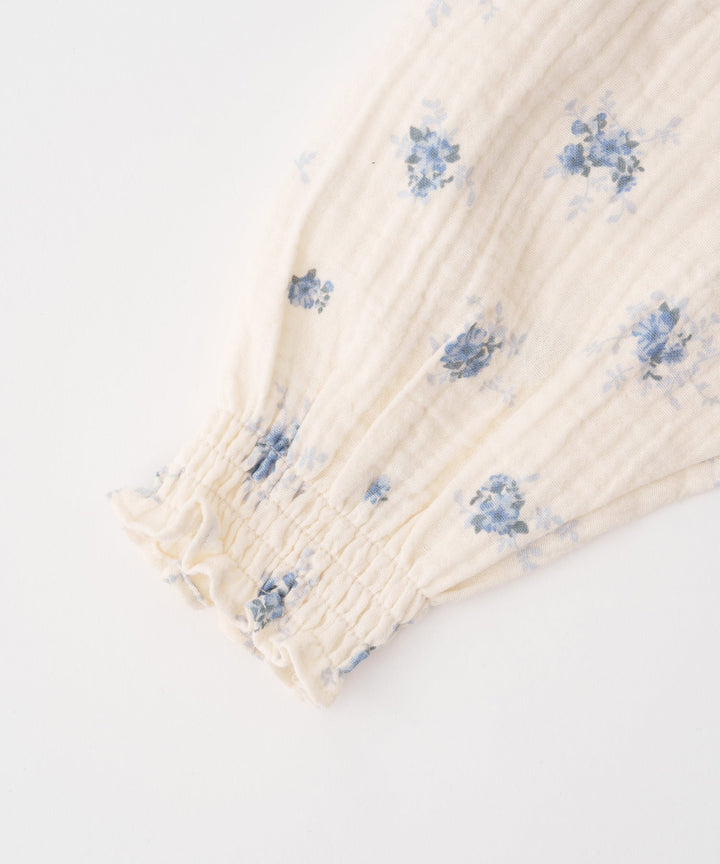 Shirred Puff-Sleeve Double Gauze Long-Sleeve Romper