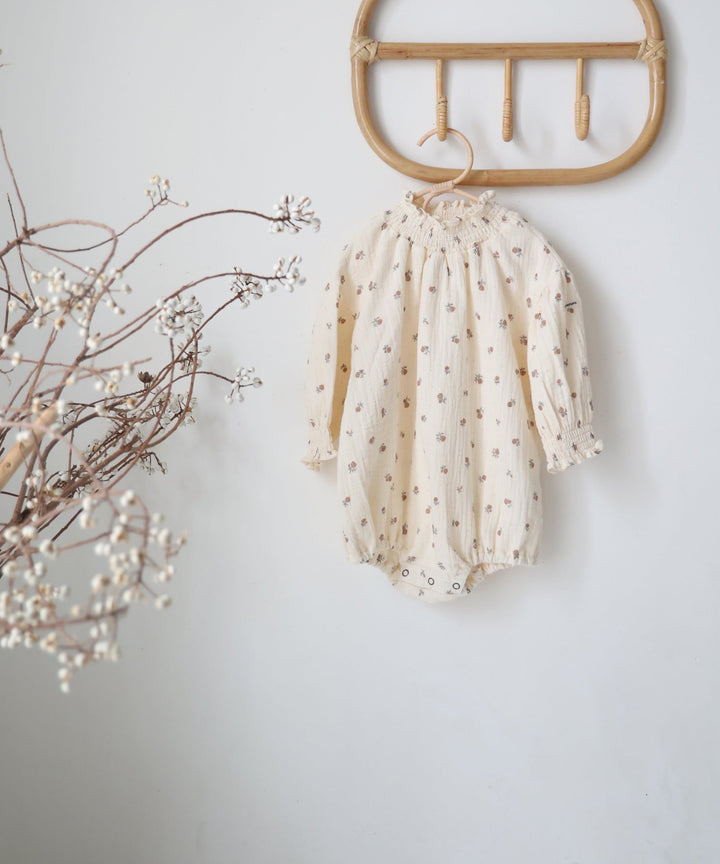 Shirred Puff-Sleeve Double Gauze Long-Sleeve Romper