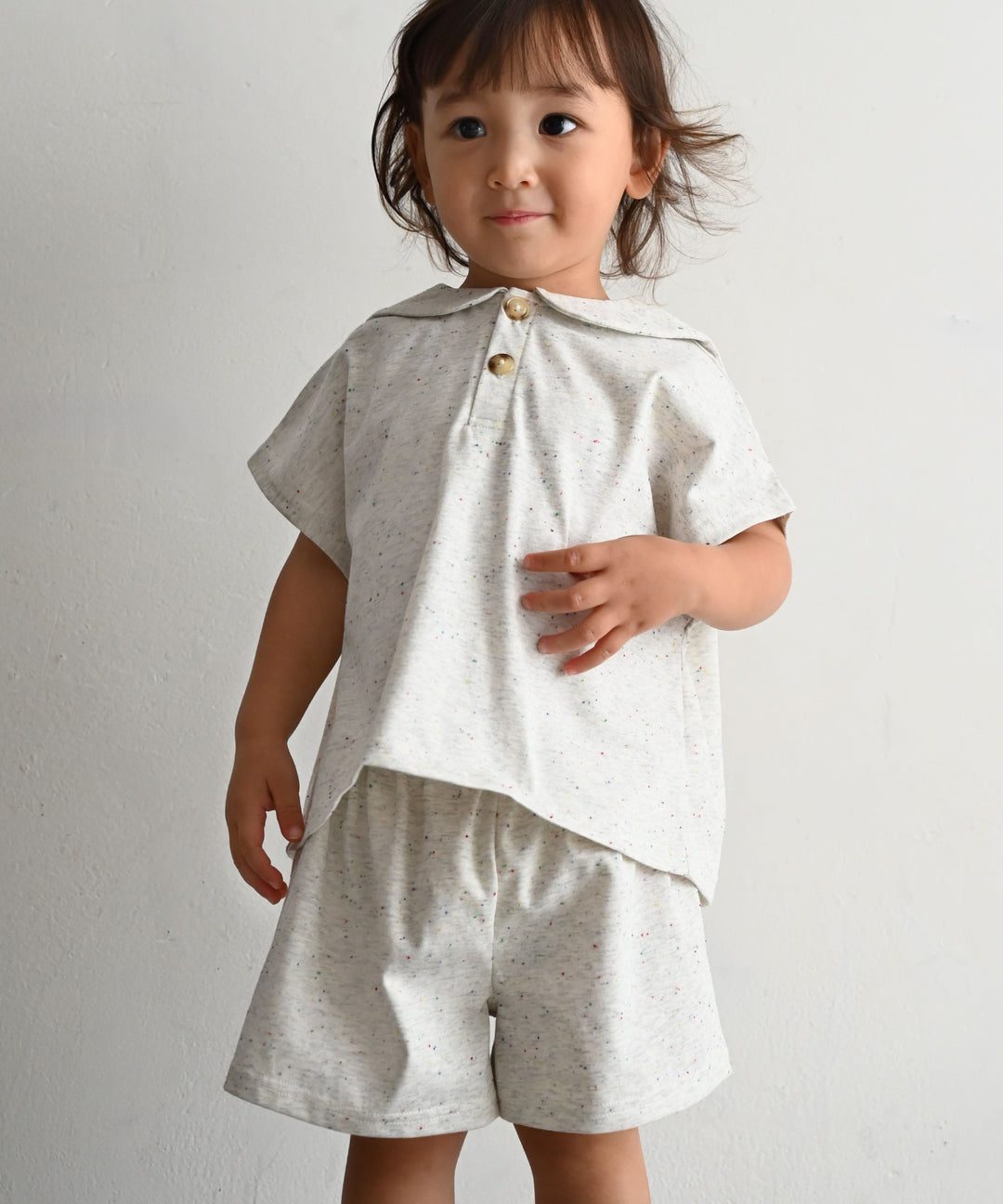 Sailor-Collar Short-Sleeve Shirt & Shorts Set (Nep Fabric)