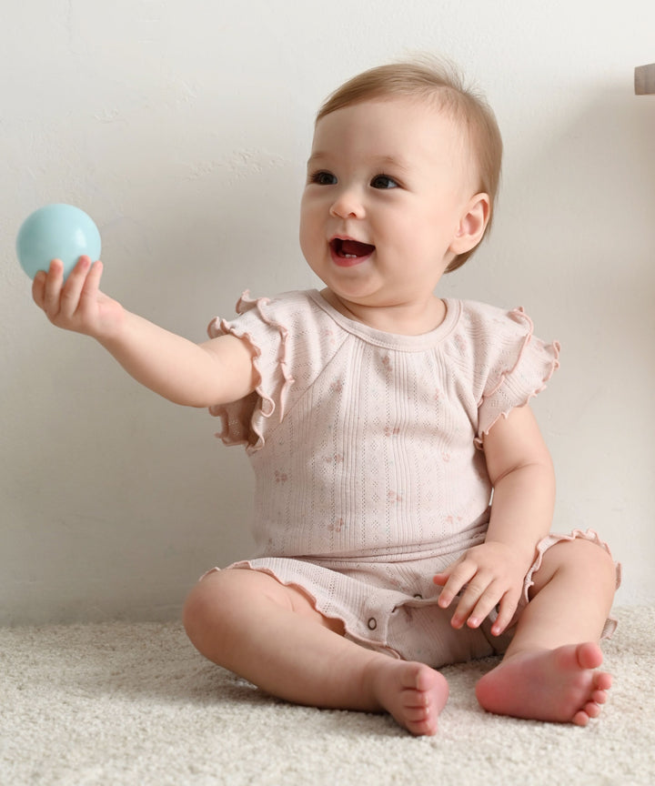 Shoulder-Frill Pointelle Ribbed Romper