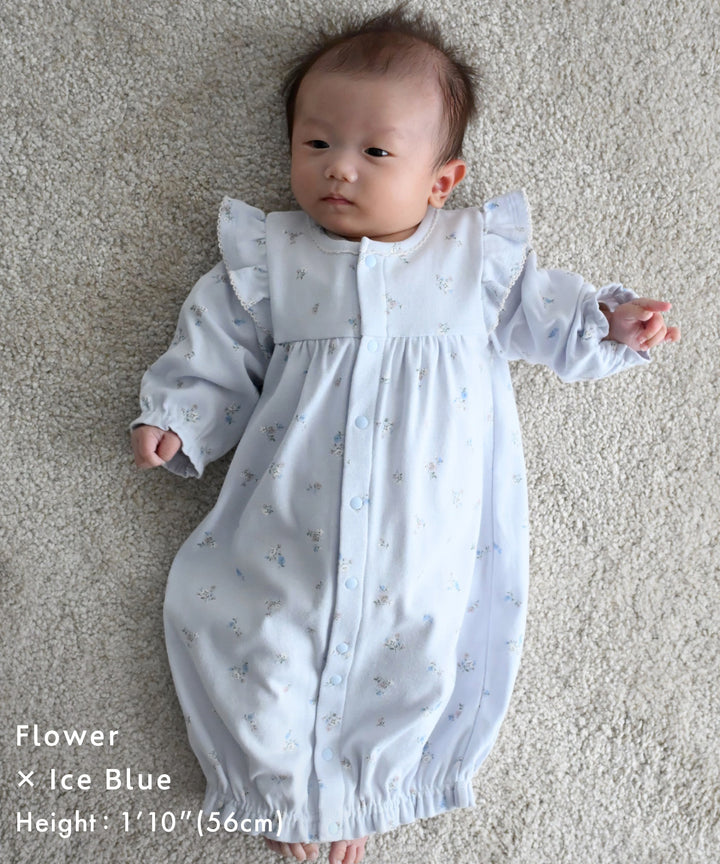 2-Way Convertible Shoulder-Frill Long-Sleeve Romper (Fraise Stitch)