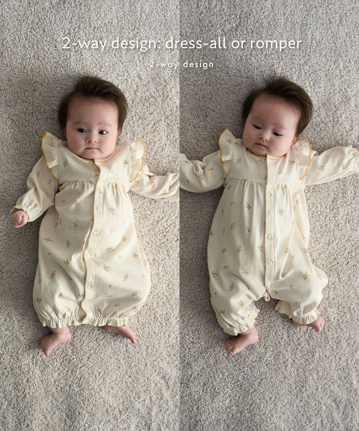 2-Way Convertible Shoulder-Frill Long-Sleeve Romper (Fraise Stitch)