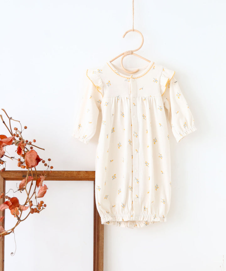 2-Way Convertible Shoulder-Frill Long-Sleeve Romper (Fraise Stitch)