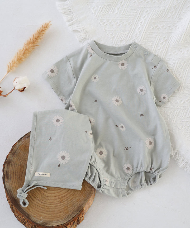 Short-sleeved printed rompers with bonnet