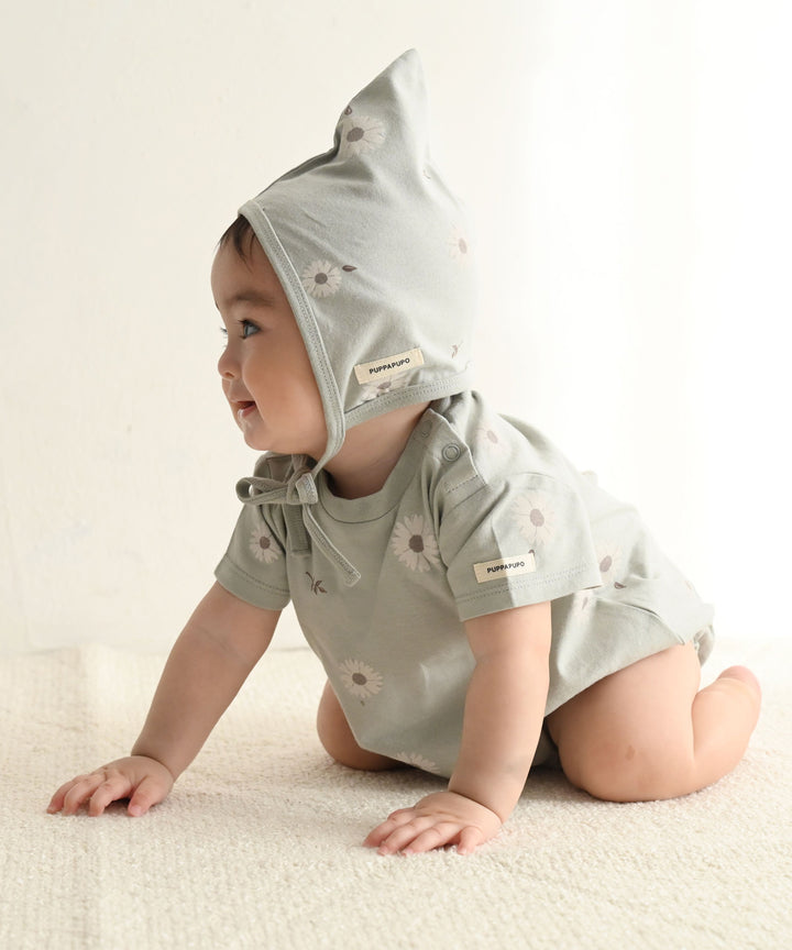 Short-sleeved printed rompers with bonnet